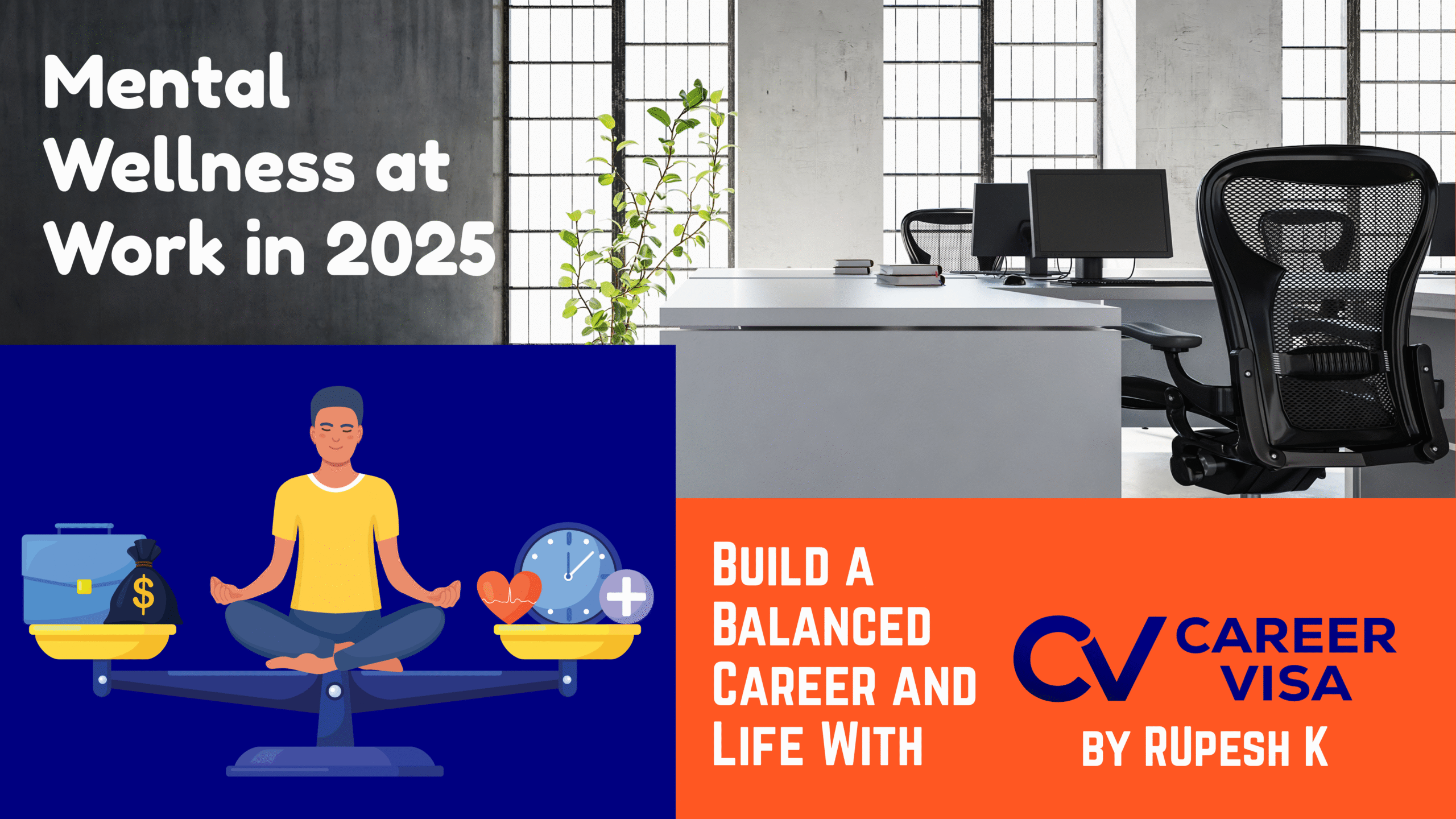 An image promoting mental wellness at work in 2025, divided into two sections. The left side features a blue background with an illustration of a person meditating on a balance scale, holding a briefcase and money bag on one side, and a clock and heart symbol on the other, symbolizing work-life balance. The right side shows a modern office with desks, chairs, and a plant, overlaid with an orange section containing the text 'BUILD A BALANCED CAREER AND LIFE WITH CV VISA' and 'BY RUPESH K' in white and blue.