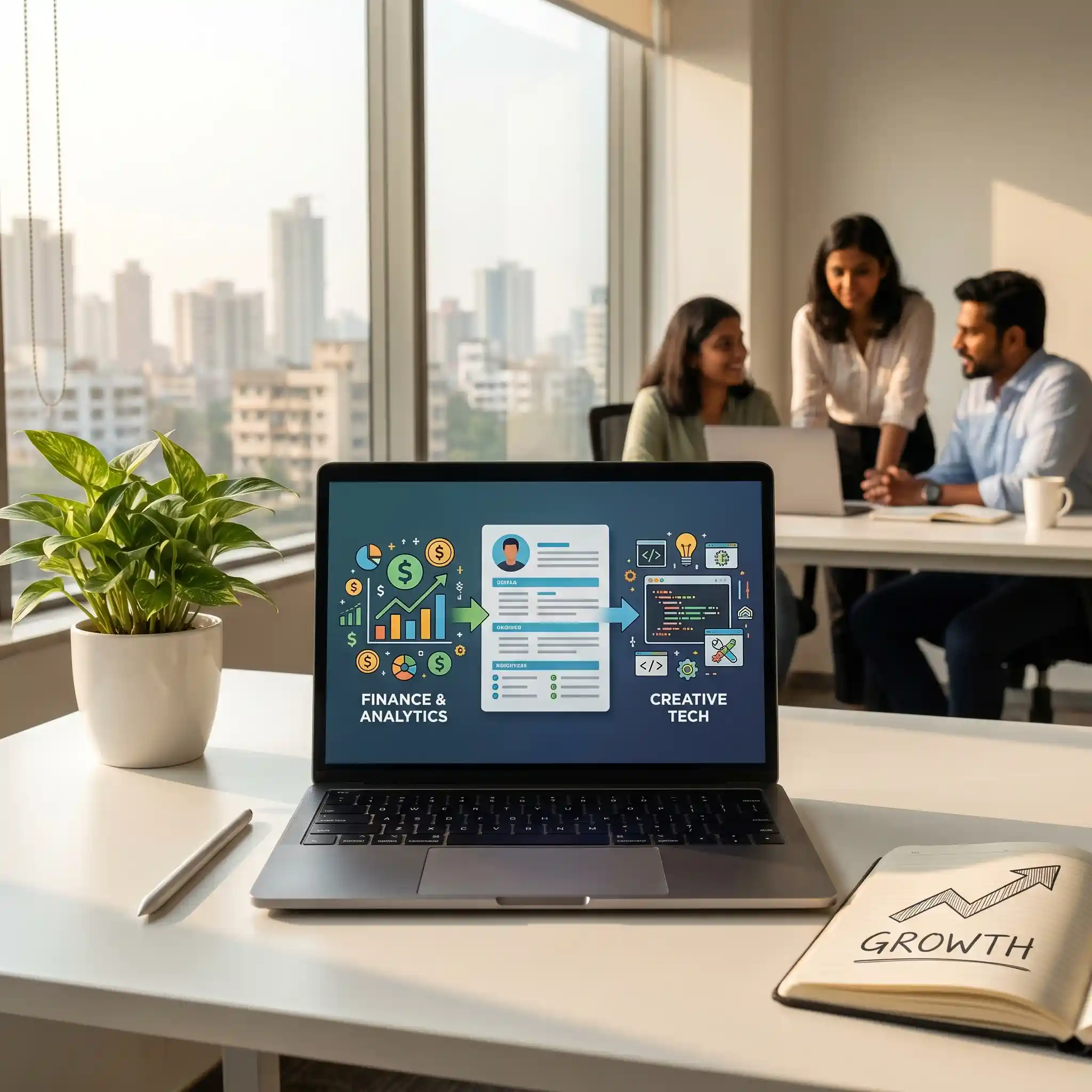 A modern desk displaying a skills-based resume designed for a successful career change.