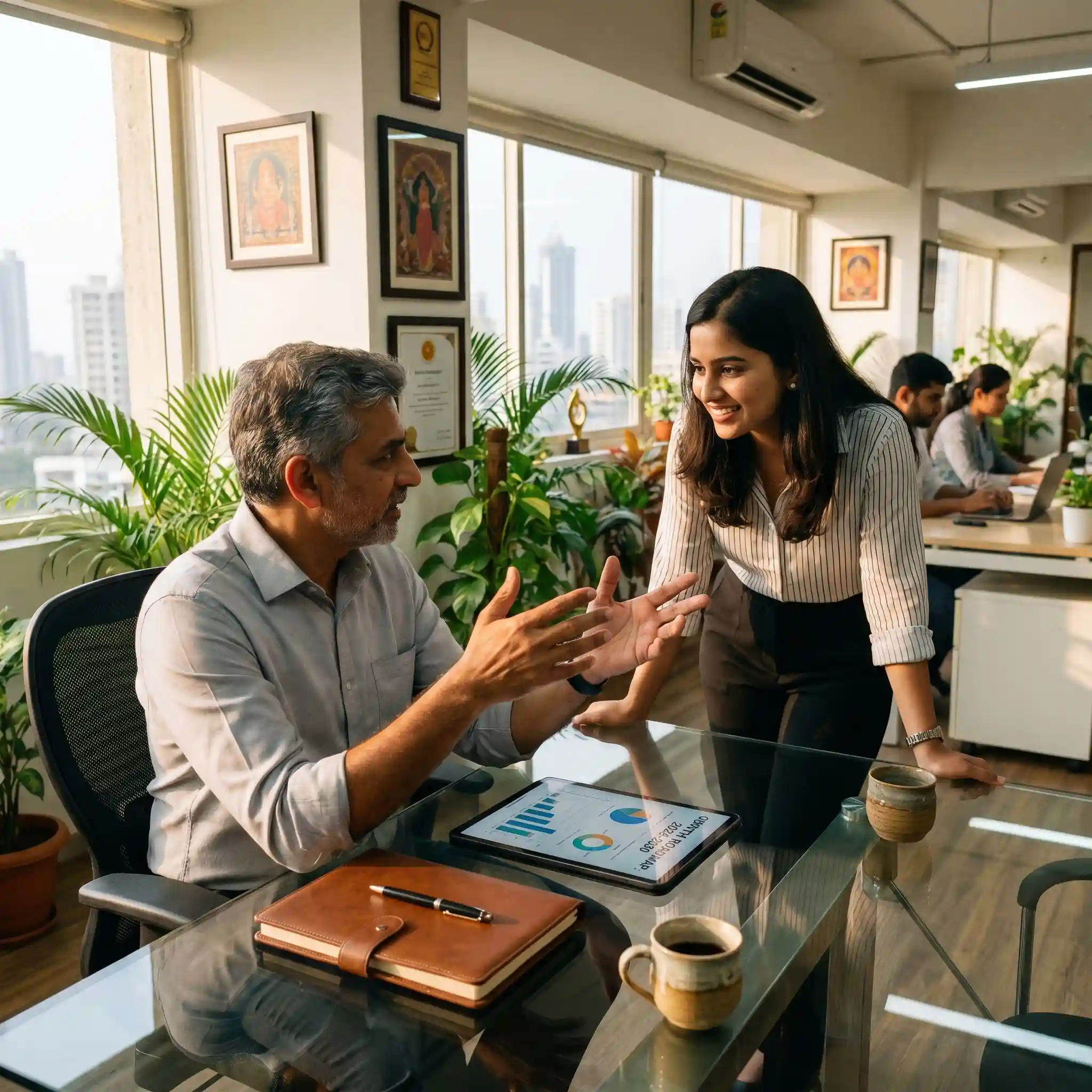 A mentor and professional discussing strategy during our career coaching services session.