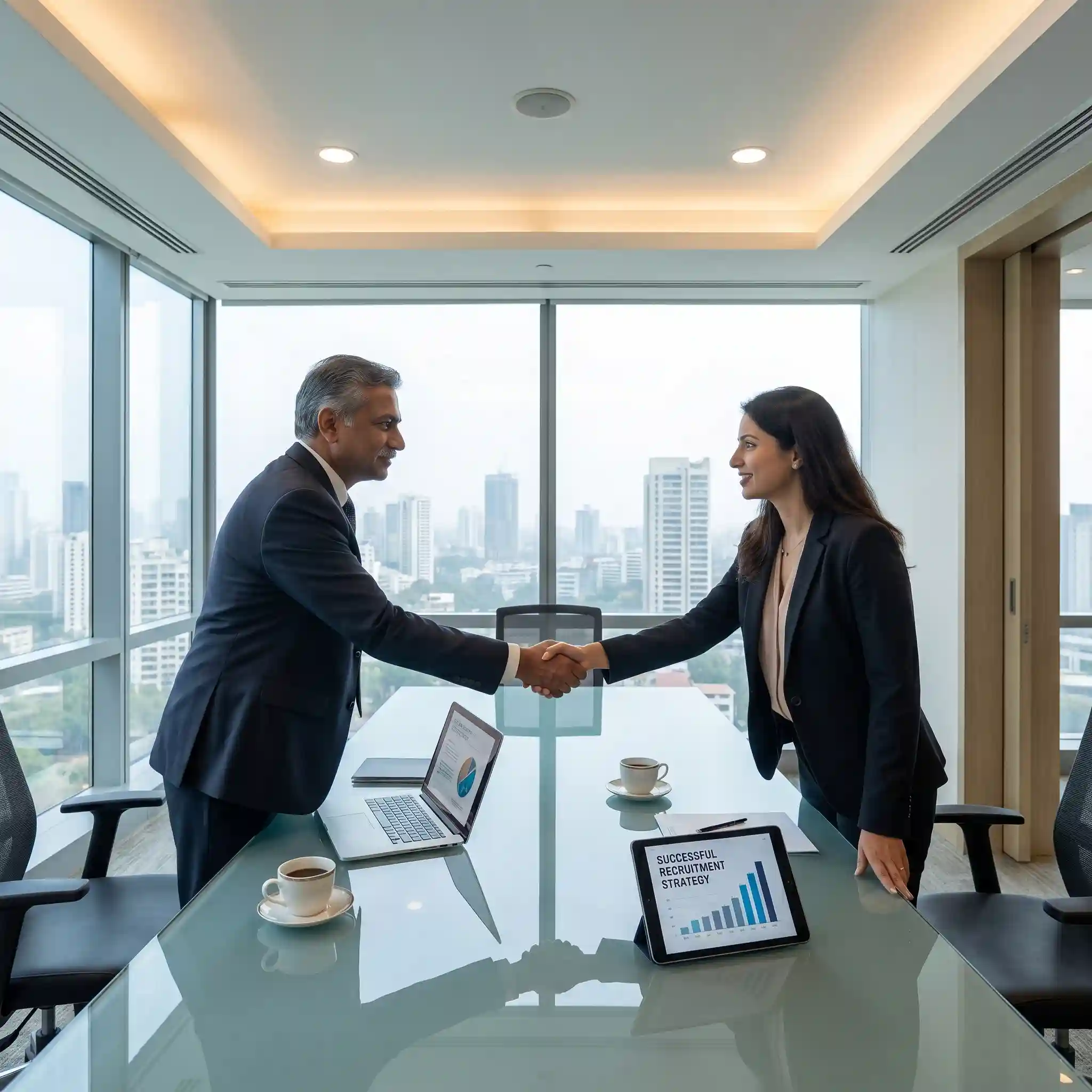 Business executives shaking hands after finalizing a deal through our expert corporate hiring services.