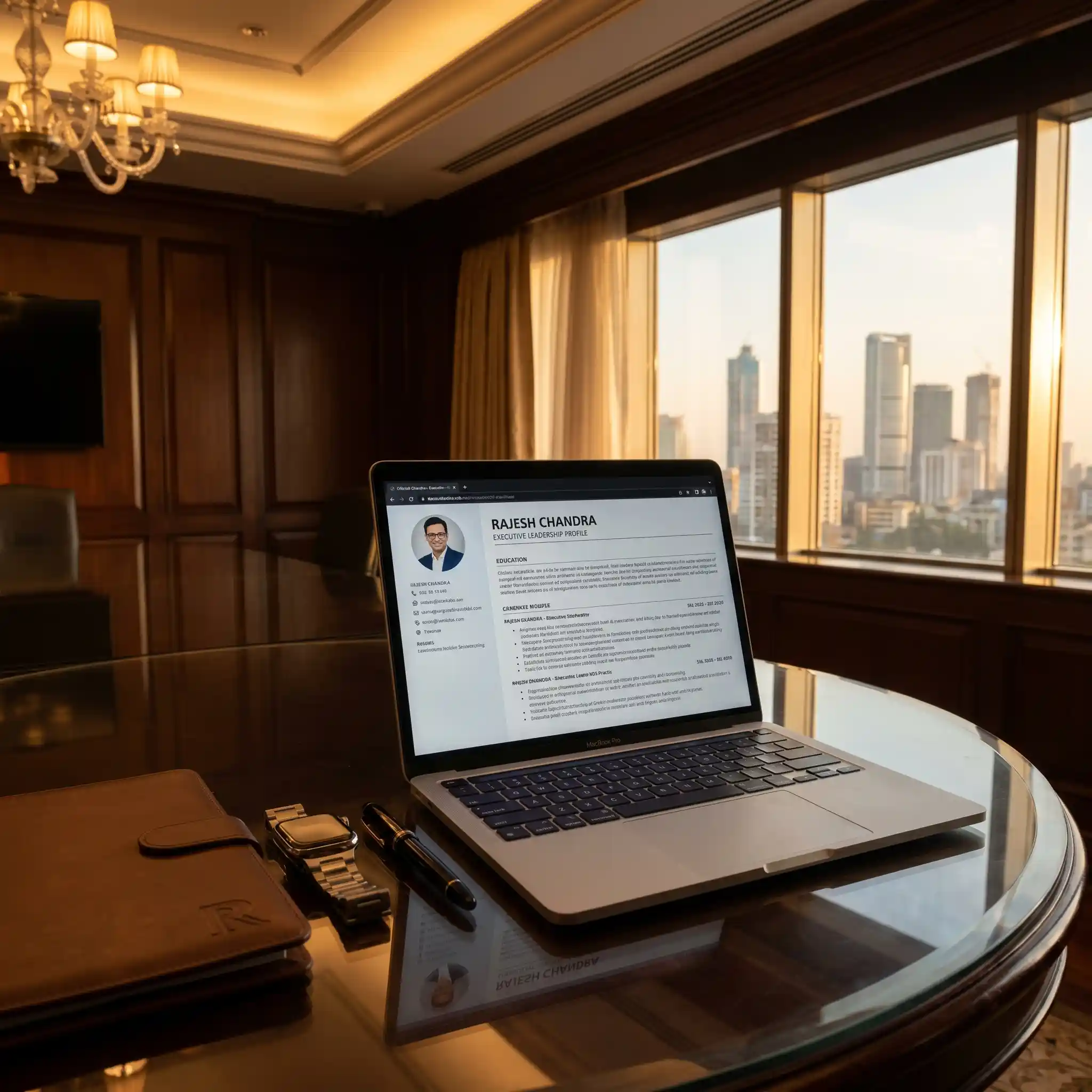 A high-end boardroom table displaying a premium executive resume ready for a CEO job application.