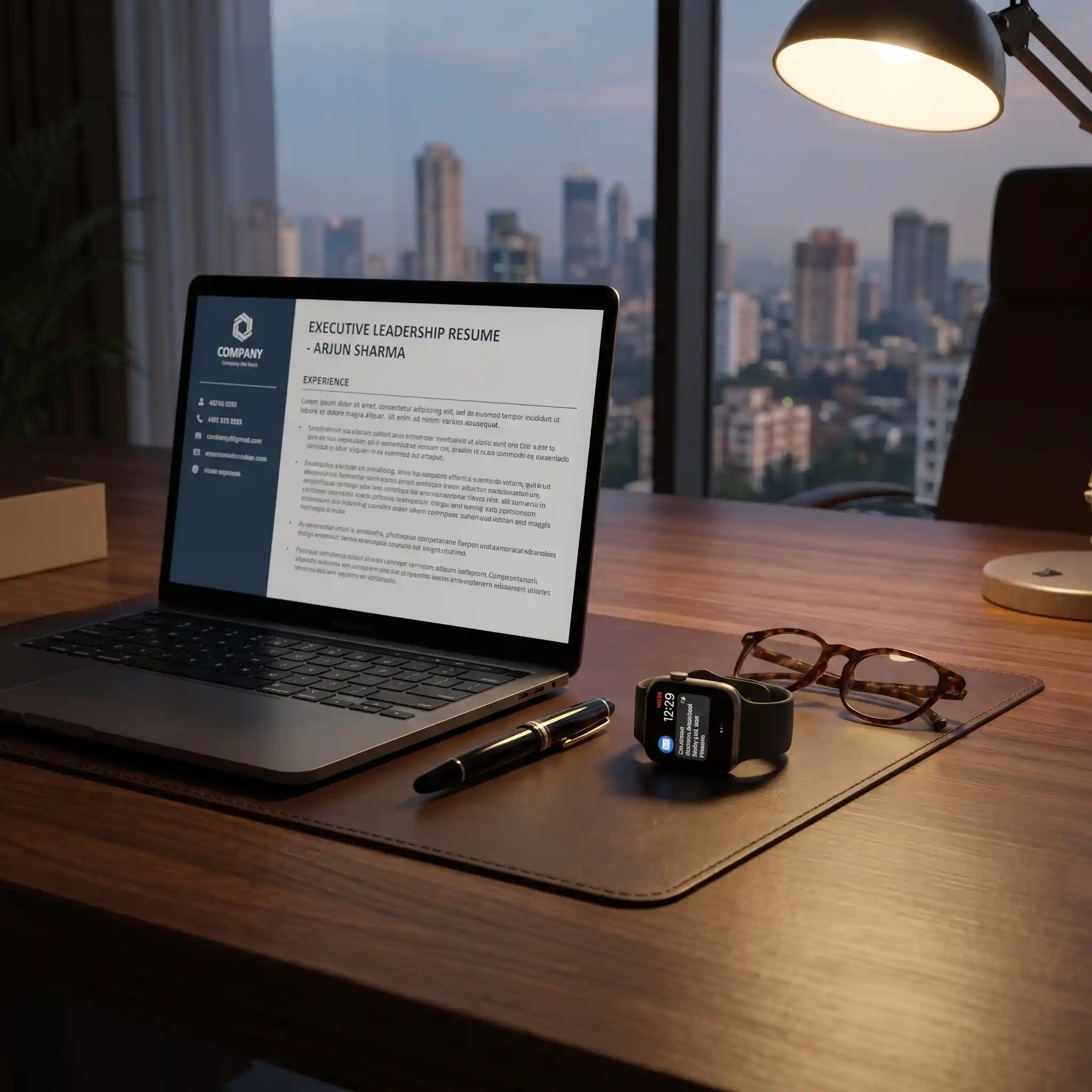 A high-end office desk displaying a professional managerial resume ready for an executive job application.