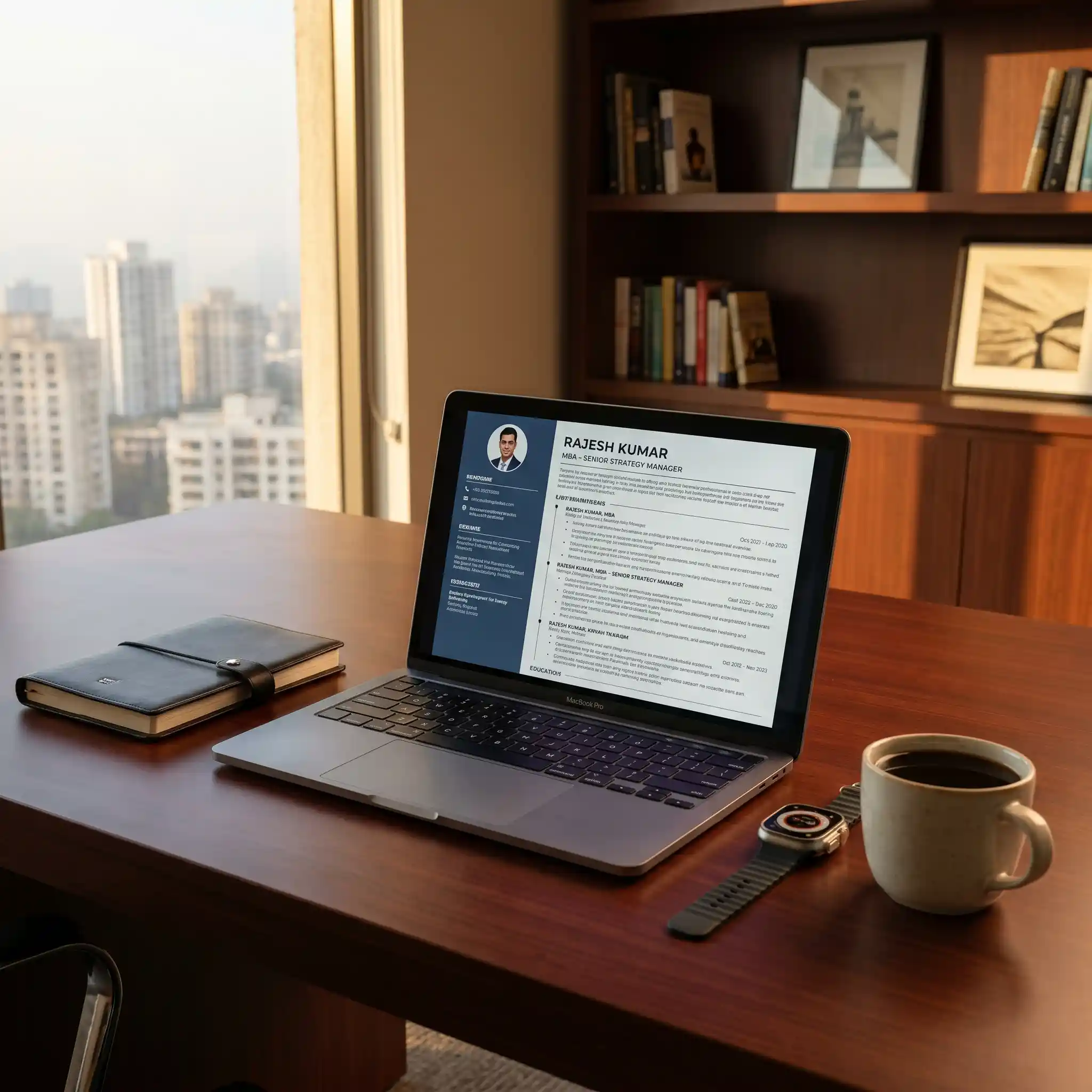 A premium office desk displaying an ATS-friendly mid-level resume ready for a career promotion.