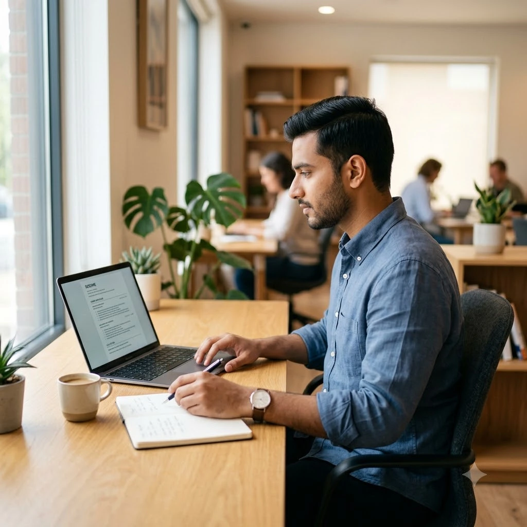 Man reviewing an ATS-friendly fresher resume on a laptop while taking notes in a notebook.