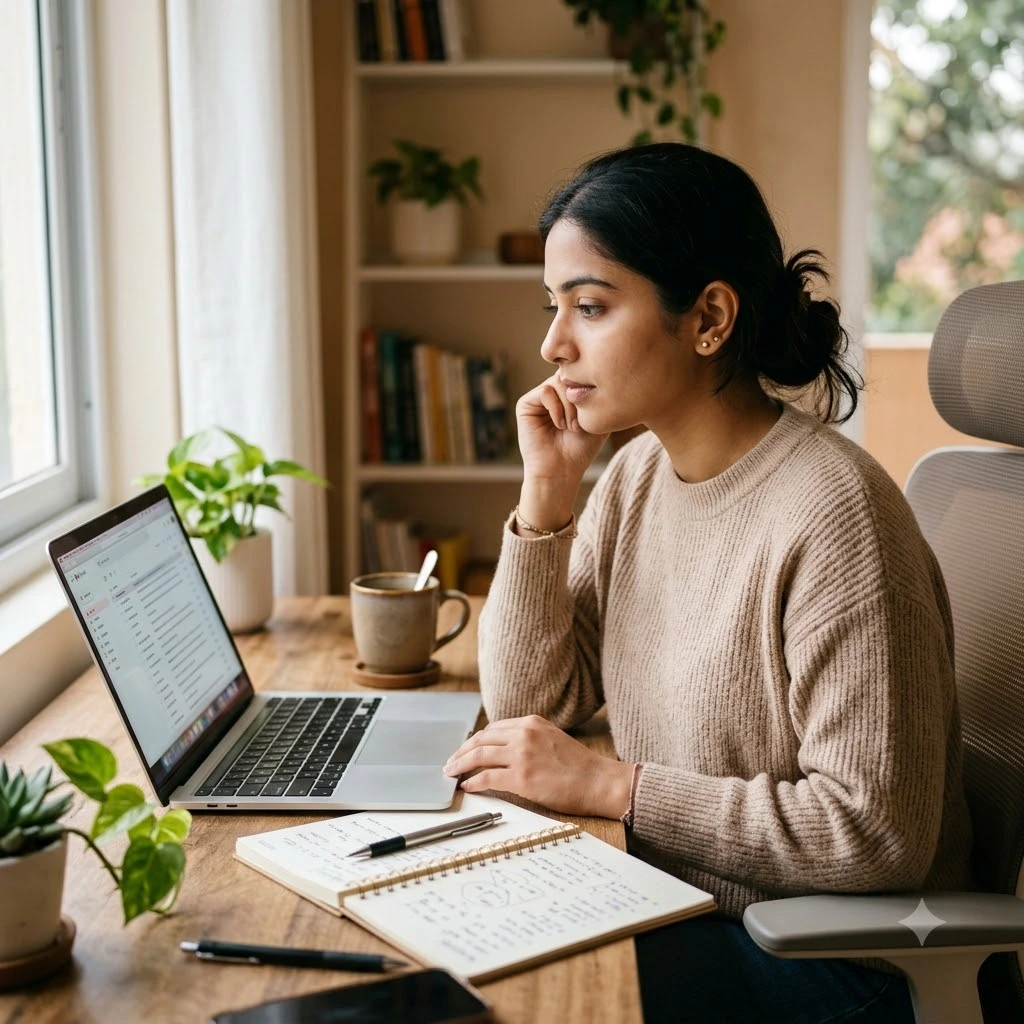 Woman using a career guide to plan her next career move while working on a laptop.