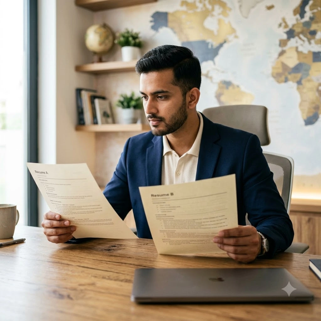 Man comparing two CV drafts side by side at his office desk.