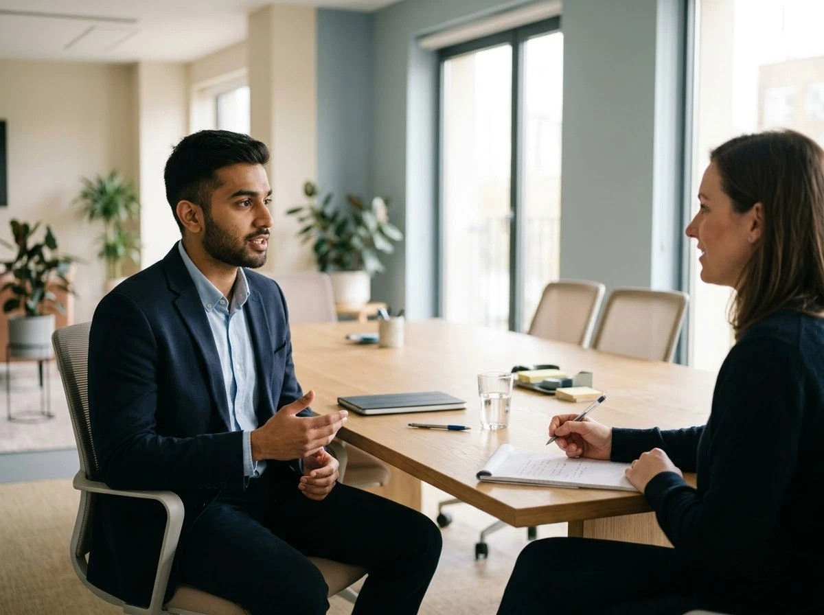 Indian professional practicing mock interview preparation with a mentor in a modern office setting