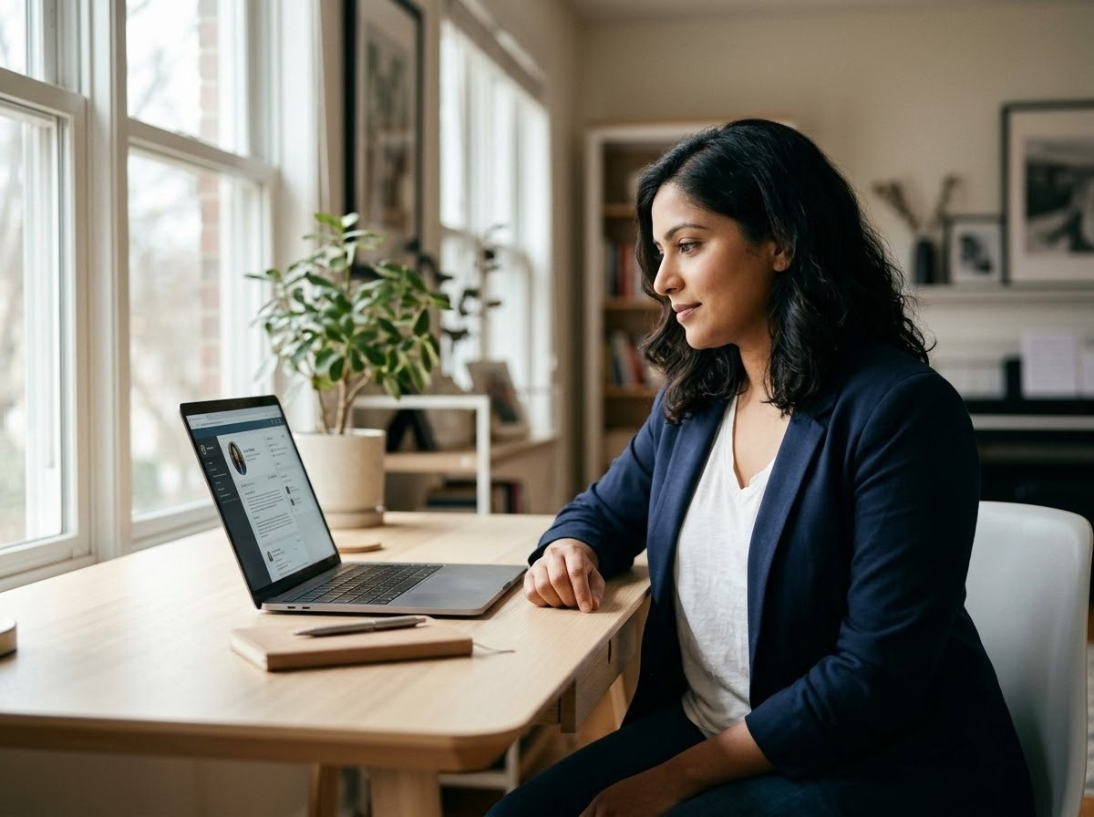 Indian professional reviewing LinkedIn profile optimization strategy on laptop in a modern home office
