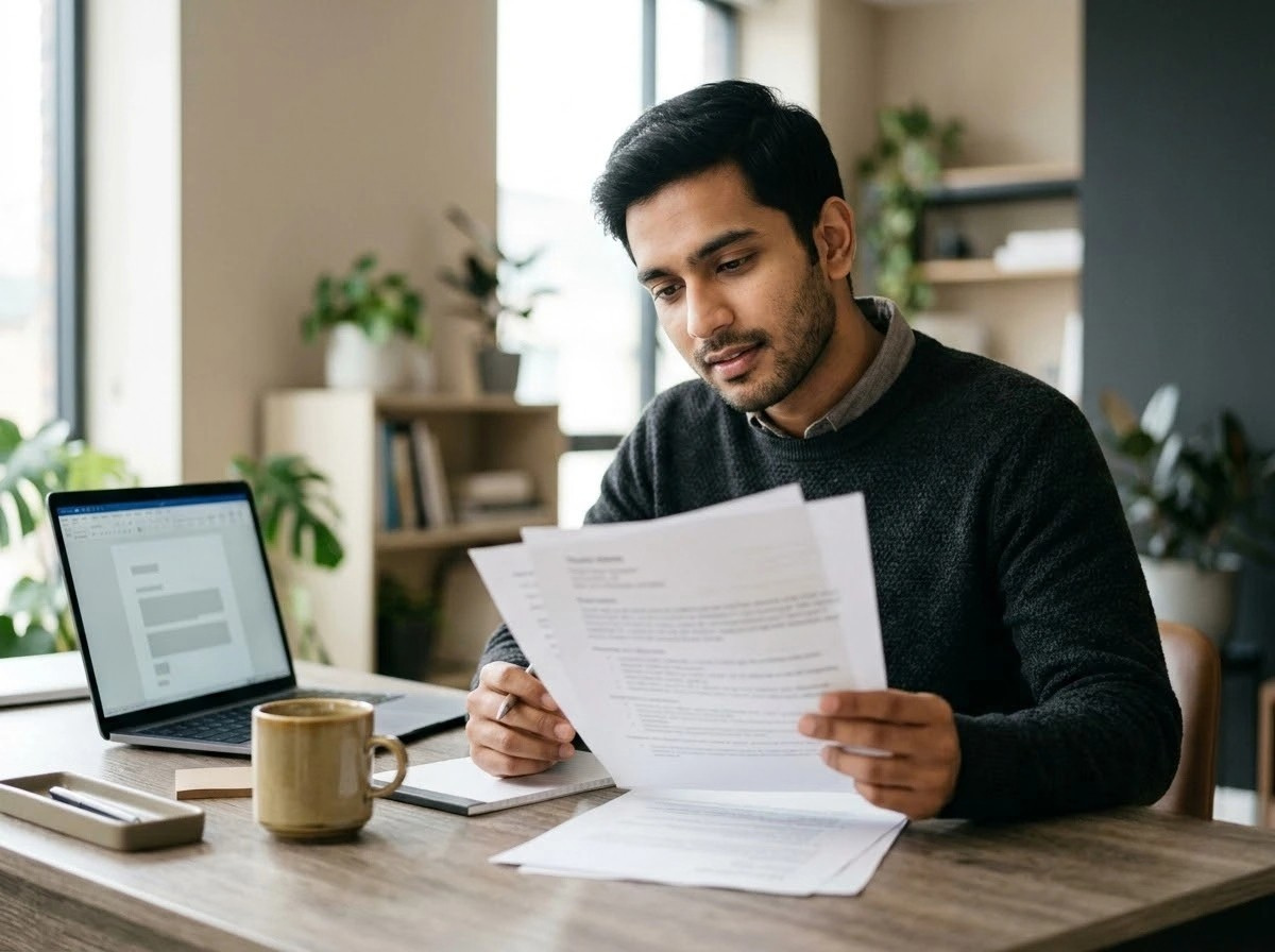 Indian professional comparing top resume writing services in India on a laptop at a modern desk